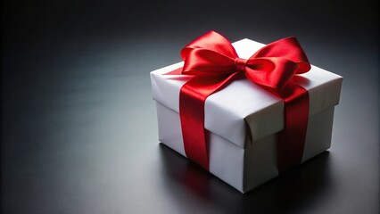 Fototapeta premium White gift box with red bow on black background
