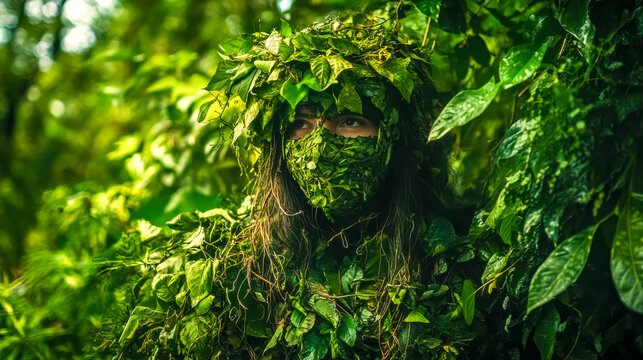 Soldier wearing camouflage uniform hiding in forest waiting to ambush enemy