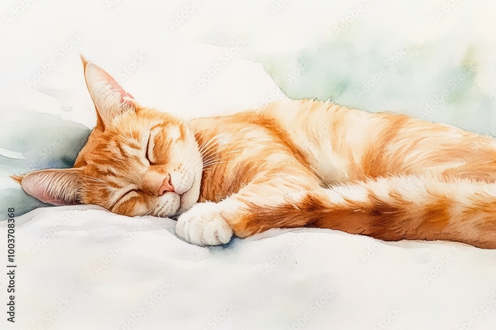 Poster A peaceful orange tabby cat enjoys a nap on a soft bedspread against a gentle white background during a quiet afternoon. Generative AI