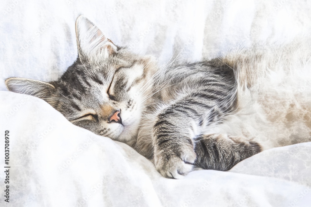 Poster a peaceful sleeping cat on a cozy bedspread creates a serene atmosphere in a softly lit room during 