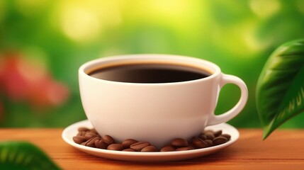 Fototapeta premium A white coffee cup with a saucer on a wooden table and blurred nature background. Concept of relaxation and comfort.