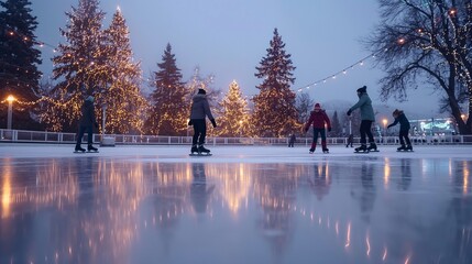 Families and friends gather at the outdoor skating rink to celebrate Christmas, skating on the ice by twinkling lights, memories of togetherness and fun on a festive winter night. gliding on ice