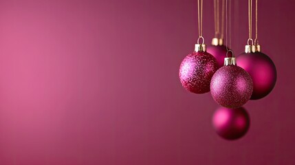 Holiday ornaments hanging against a pink background.