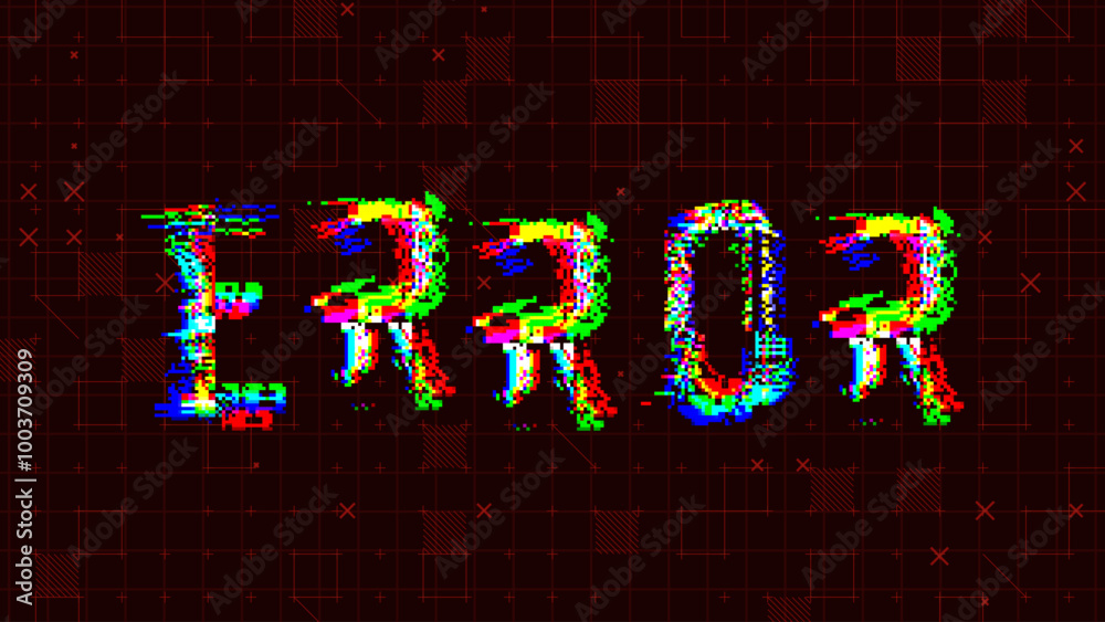 Aufkleber ERROR Glitched Word. HUD Hologram Cyberpunk Style Banner. Neon Tech ERROR Glitch Background. Design Element for Tech Cyber Security Event. Vector Illustration.