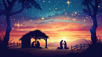 Naklejka premium Nativity Scene with the Holy Family in Stable, Birth of Christ with Baby Jesus, Mary, Joseph, and Shepherds