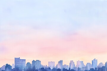 Fototapeta premium Watercolor cityscape with sunrise hues, silhouette skyline