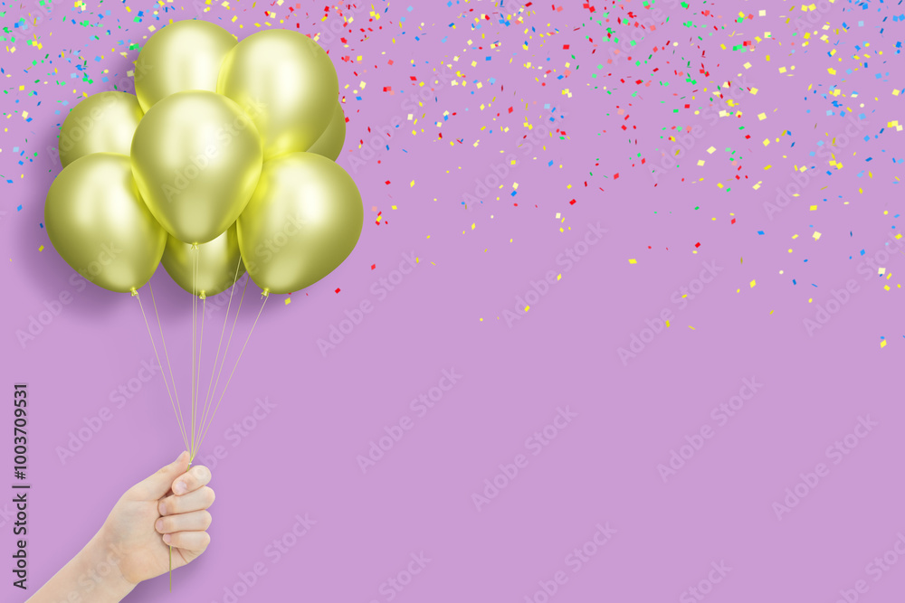 Poster female hand holding bunch of shiny golden or yellow balloons on violet background with confetti. emp