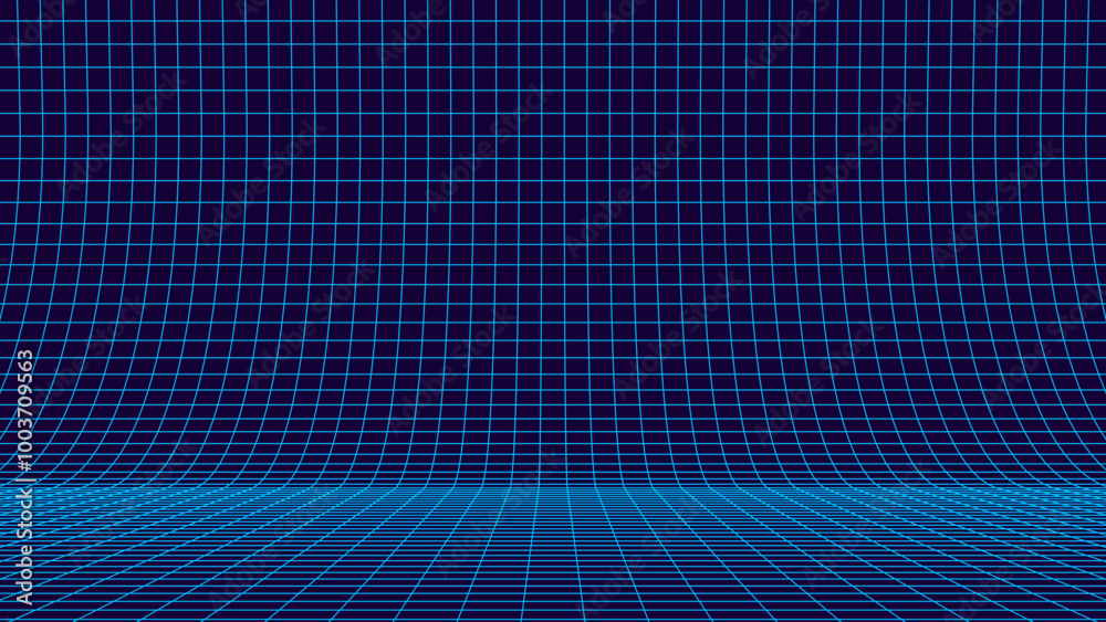 Poster Blue Tech Grid of Curved 3D Stage. Perspective Grid Floor. VR Virtual Reality Metaverse Environment. Wide Blueprint Background Texture. Vector Illustration.