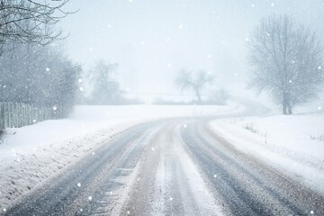 Obraz premium Snowy countryside road with trees and forest. Snowstorm with heavy snowfall. Frosty landscape, winter season, cold weather. Snowflakes, white scenery, natural beauty.