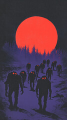 Naklejka premium Vintage poster of a zombies at night, risograph halftone effect.