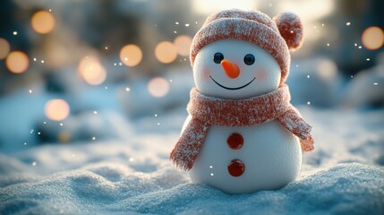 Fototapeta premium snowman detail shot, blended soft cream backdrop, carrot nose and rosy cheeks, light blur, elegant card composition with text area.