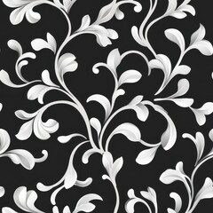 Elegant white floral pattern against a dark background, showcasing intricate leaves and stems in a classic design.