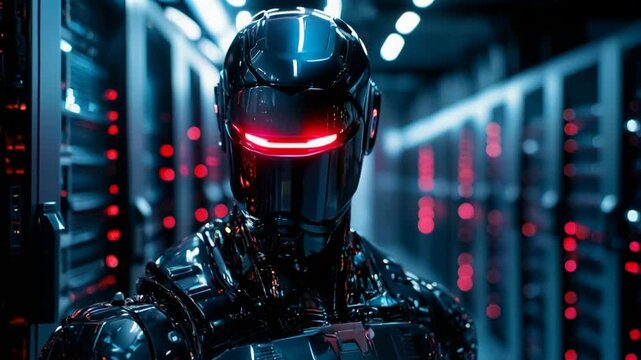 A futuristic black robot guards a data center.