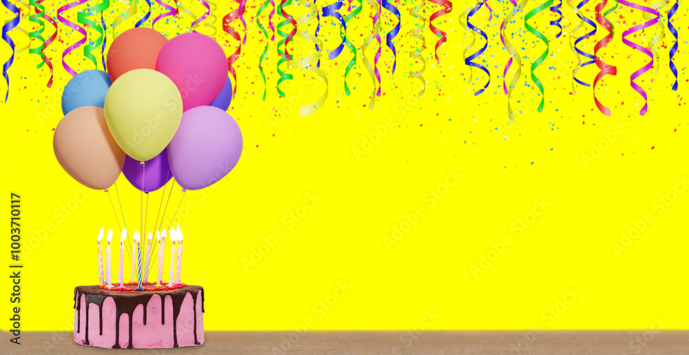 Aufkleber Birthday cake with bunch of colorful balloons on yellow background with confetti. Empty space for text. 3d rendering