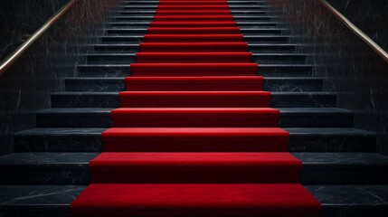 Obraz premium elegant red carpet on the stairs on a dark background. The path to glory, victory and success