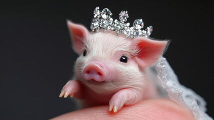 In macro photography, a tiny, adorable pink pig wearing a crystal crown and white veil sits on a thick finger, holding its tip, radiating surreal cuteness.