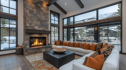 Fototapeta premium Wide Shot of Cozy Living Room with Fireplace and Earth-Tone Pillows on Large Sectional Sofa – Premium AI Art for Posters, Banners, Wallpapers, Backgrounds, and Printable Home Decor