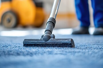 Close-up of professional vacuum cleaner being used on a blue carpet with technician in the background. Detail oriented carpet cleaning service.
