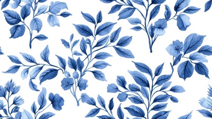 A blue floral pattern featuring leaves and flowers on a white background, creating an elegant and fresh botanical aesthetic.