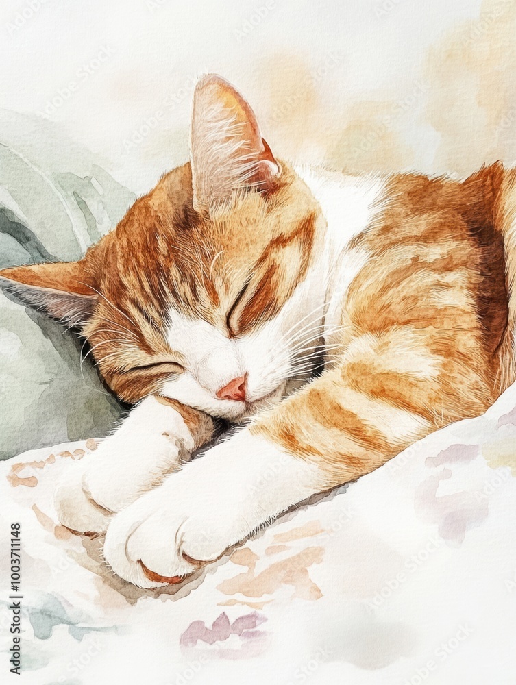 Poster a peaceful sleeping cat resting on a soft bedspread with a white background, enjoying a cozy moment 