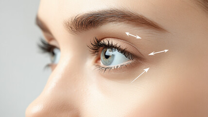 
The concept of blepharoplasty is illustrated with a close-up of a woman's eye, marked by arrows indicating the direction of the planned cosmetic surgery to tighten and lift the skin around the eyes.
