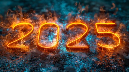 Number 2025 neon sign on a dark background. Symbol of the new year