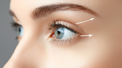 
The concept of blepharoplasty is illustrated with a close-up of a woman's eye, marked by arrows indicating the direction of the planned cosmetic surgery to tighten and lift the skin around the eyes.