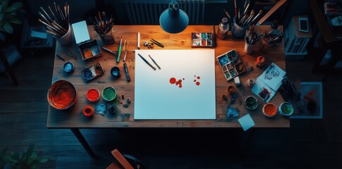 A creative workspace featuring a wooden desk with art supplies, paint pots, and a blank canvas under a warm light.