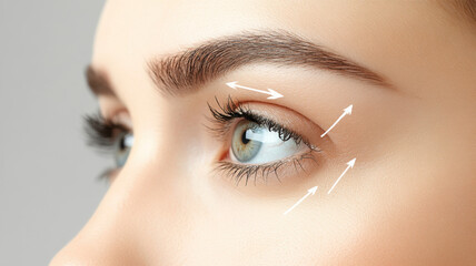 
The concept of blepharoplasty is illustrated with a close-up of a woman's eye, marked by arrows indicating the direction of the planned cosmetic surgery to tighten and lift the skin around the eyes.