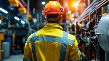 Worker in safety gear, factory setting
