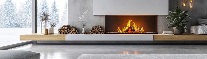 Cozy modern living room with a warm fireplace, natural wood decor, and large windows showcasing a winter landscape.