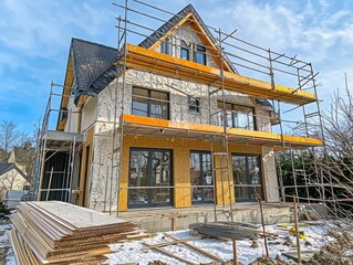 Exterior view of a new house in scaffolding under construction and painting.