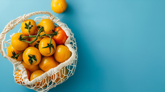Fresh yellow tomatoes in the cotton string bag