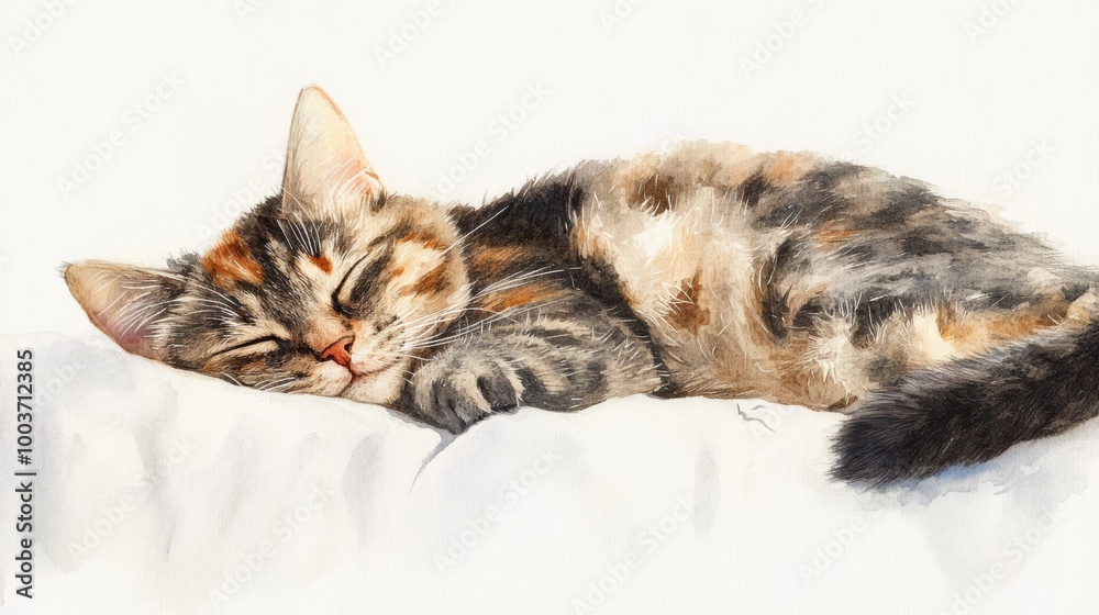 Poster a calico cat peacefully sleeping on a soft white bedspread in a cozy bedroom setting during the dayt
