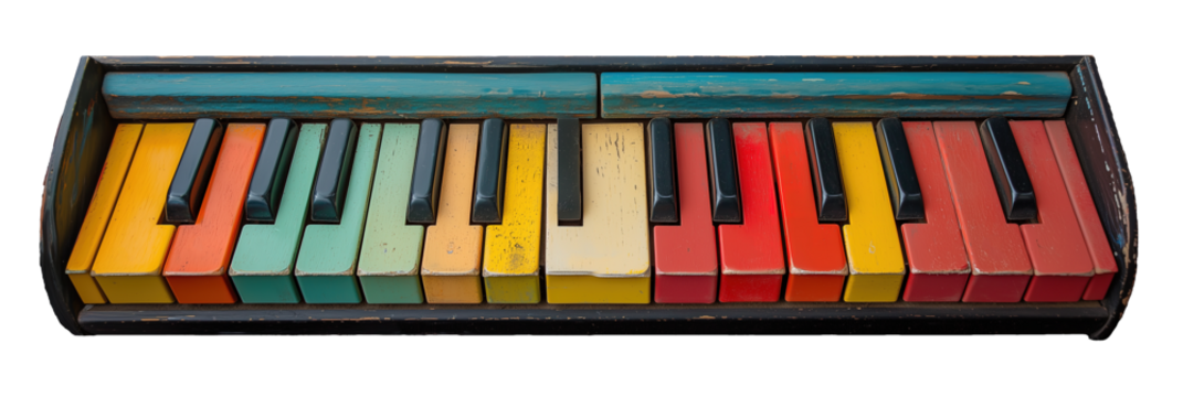 Colorful vintage keyboard with worn keys isolated on PNG cutout background.