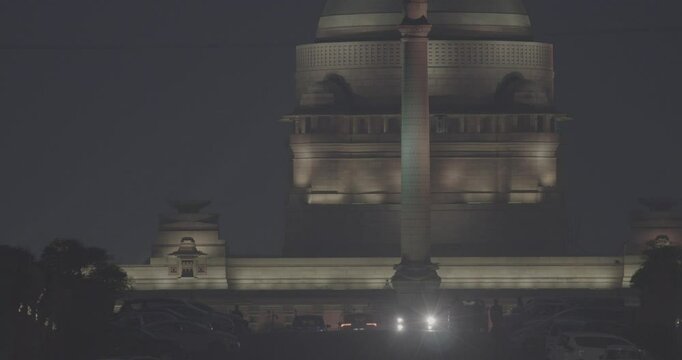 New Delhi, Delhi, India. Close up of Rashtrapati Bhavan, Viceroys House, official residence Presidential Palace in Kartavya Path, Rajpath Area. Rashtrapati Bhavan in evening night illumination lights