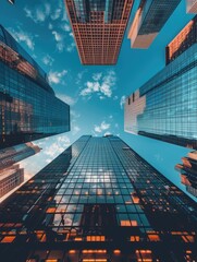 Reflective skyscrapers, business office buildings.