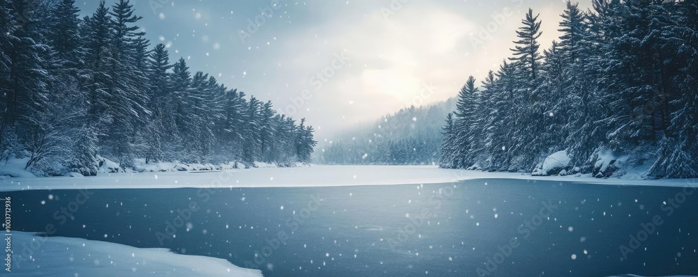 Poster a serene winter landscape featuring a frozen lake surrounded by snow-covered trees under a soft snow