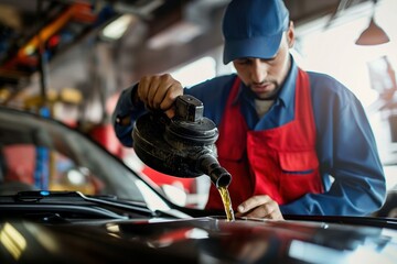 Male mechanic in service center refilling car oil from oil can. Hands examining engine hood. Close-up of car maintenance job. Professional mechanic at work.