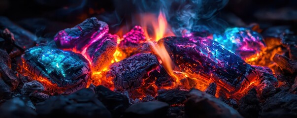 Fototapeta premium Glowing embers in vibrant colors, illuminated by flames, create a visually stunning and warm atmosphere, showcasing the beauty of burning coal.