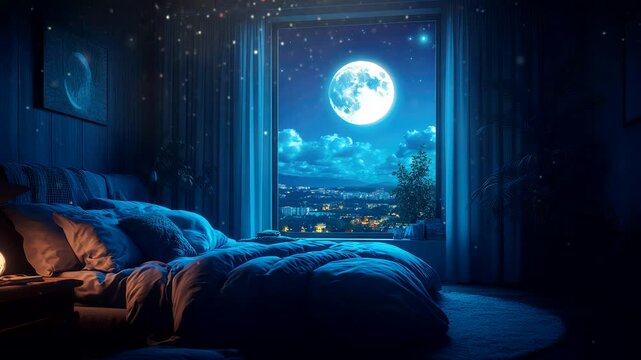 Cozy bedroom with large window showing a full moon and starry night sky. Seamless looping 4k video background