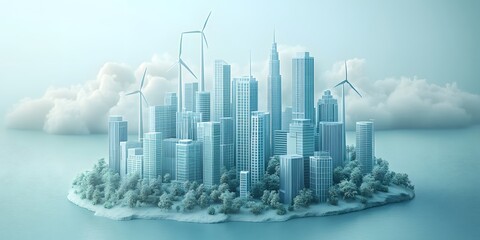 A miniature eco-friendly city features light blue skyscrapers and wind turbines, representing a sustainable urban design concept in a 3D render with futuristic architecture and clean technology.