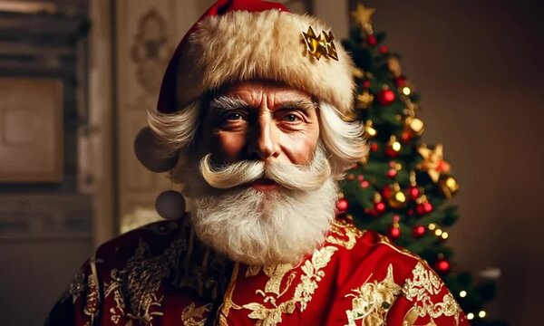 Magnifique P&egrave;re No&euml;l en habits traditionnels de l'Europe de l'Est ou de Russie, parlant face cam&eacute;ra depuis son salon avec un sapin de No&euml;l en arri&egrave;re-plan