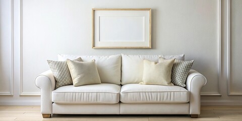 White picture frame mockup on a sofa with pillows, reflected