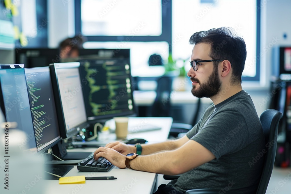 Poster male programmer sits in office, working on computer screen. he is typing on keyboard, looking focuse