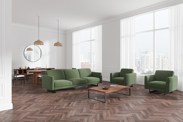 White home living room interior with lounge and dining zone, panoramic window