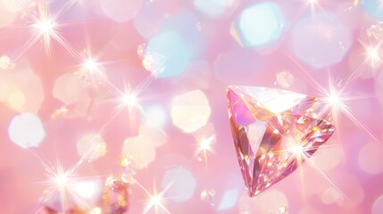  A tight shot of a rosy diamond against a backdrop of pink and blue, adorned with scattered sparkles and floating stars