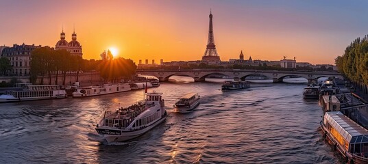 Panoramic view of the Seine River in Paris, with boats and barges on it at sunset, showcasing the Eiffel Tower in the background. Cityscape is visible behind the river