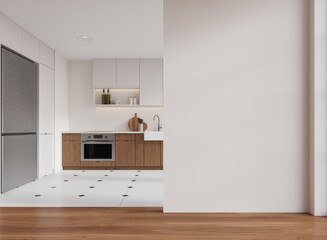 Stylish home kitchen interior with cooking cabinet and fridge. Mockup wall