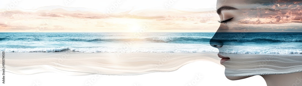 Wall mural Woman Silhouette Over Ocean Seascape with Sunset Sky